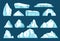 Cartoon icebergs, antarctic ice glaciers, arctic ice rocks. Floating iceberg mountains, frozen snow crystals, glacial