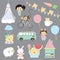 Cartoon icon collection with watermelon,rabbit,van,carrot,sheep,balloon,bicycle and cat