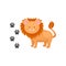 Cartoon icon of cute lion and his footprints. Wild African animal. Flat vector element for children book or mobile game