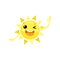 Cartoon icon of friendly yellow sun winking eye and waving hand, saying Hello . Funny weather character. olorful flat