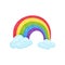 Cartoon icon of multicolored rainbow with two blue clouds Flat vector element for children room decor or greeting card