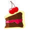 Cartoon icon of a piece of chocolate cake with lemon icing and a cherry.