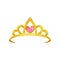 Cartoon icon of shiny princess crown with precious pink stone in shape of heart. Golden ancient queen tiara. Symbol of