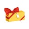 Cartoon icon of yellow rectangular gift box with big red bow and tag. Present for holiday. Happy Birthday theme. Flat