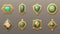 Cartoon icons set, different shapes with gold borders and green detailing. Golden game buttons with fantasy frames
