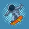 Cartoon illustration of an astrounaut in action pose ride a skateboard.