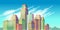 cartoon illustration, banner, urban background with modern big city buildings