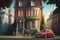 cartoon illustration, beautiful house and car ai generative