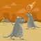 Cartoon illustration of a big asteroid falling down on dinosaurs
