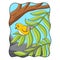 cartoon illustration a bird sitting on the leaves of a big tree high