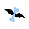 Cartoon illustration of a blue bone on the wings of a bat. Vector image.