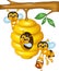 Cartoon illustration of branch of a tree with a beehive and bees