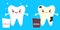 Cartoon illustration of bright healthy tooth with glass of milk and unhealthy caries tooth with glass of soda. Concept