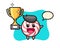 Cartoon illustration of candy is happy holding up the golden trophy