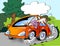 Cartoon illustration of a car owner driving with wrong tire pressure in the crank, so that it runs on three wheels