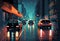 cartoon illustration, cars driving at night in the raining city,generative AI