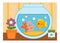 Cartoon illustration for children, colorful poster. Goldfish in a bowl