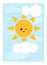 Cartoon illustration for children, colorful poster. Sun and white clouds in the blue sky