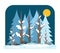 Cartoon illustration for children. Flat winter mixed coniferous forest, night snow landscape