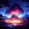 Cartoon illustration of colorful exploding volcano at night AI Generated