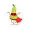 Cartoon illustration of comics superhero pear with red cape and mask, jumping with hands up