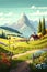 cartoon illustration, country landscape with house , mountains ,trees and flowers , ai generative