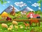 Cartoon illustration of countryside with village, farm animals and barn in a rural landscape