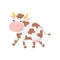 Cartoon illustration of cow with pink nose and brown spots on body. Dairy cattle. Adorable farm animal with shiny eyes