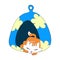 Cartoon illustration. Cute ginger kitten sleeps in a cat house. Isolated on a white background. The house is bright blue