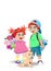 Cartoon illustration of cute little kids with flowers and presents isolated.