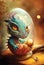 Cartoon illustration of a cute small dragon in an egg. Fantasy character, baby dragon