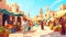 Cartoon illustration depicting an arabic bazar with man dumping fruits from basket onto road. Egyptian city street with