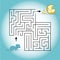 Cartoon illustration depicting a mouse looking for a cheese in a maze. Vector graphics. Hand drawing