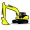 cartoon illustration drawing heavy equipment crane excavator working tools and earth compactor