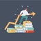 Cartoon illustration of education success. Man step man on stack of books on dark background. Training, growth