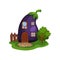 Cartoon illustration with fairy house in form of ripe purple eggplant, little wooden fence and tree on green meadow