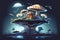 cartoon illustration, fantastic floating islands with mushrooms at night, ai generative