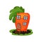 Cartoon illustration of fantasy carrot house with small windows and wooden door. Colorful flat vector design for