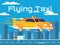 Cartoon illustration of a flying taxi in a big city