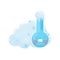 Cartoon illustration of frozen thermometer with funny face and blue snowy cloud behind him. Weather forecast element