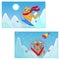 Cartoon illustration with funny cats-skiers on the background of mountain landscape