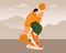 Cartoon illustration, funny sportsman guy in sneakers with basketballs. Print, poster