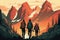 Cartoon illustration of a group of mountaineers with mountains in the background at sunset. Generative AI