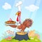 Cartoon illustration of a happy cute turkey wearing a cook hat and standing.