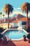 cartoon illustration, house and swimming pool with loungers by the pool, ai generative