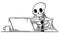 Cartoon Illustration of Human Skeleton of Dead Businessman Sitting in Front of Computer