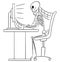 Cartoon Illustration of Human Skeleton of Dead Businessman Sitting in Front of Computer in Office