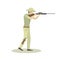 Cartoon illustration of hunter aiming rifle vector character.