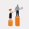 Cartoon illustration of Income inequality. Man and woman have different salary. People on stacks of money. Character and