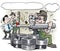 Cartoon illustration of A mechanic with a special grease gun tool that looks like a military bazooka